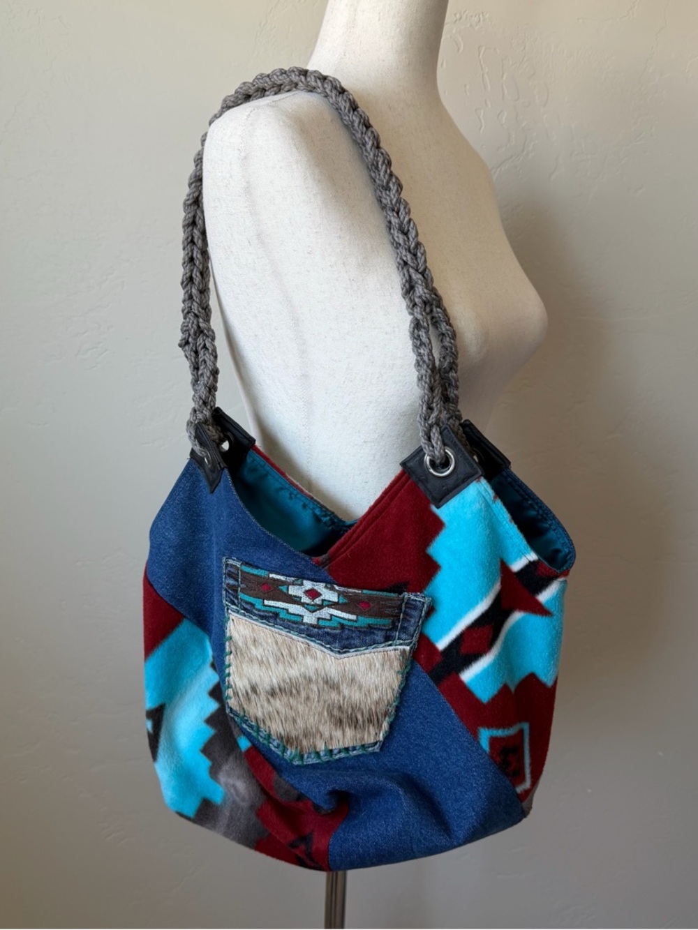 Western Boho Handmade Hobo Bag Aztec Print Denim Cowhide Pocket Rope Strap Purse